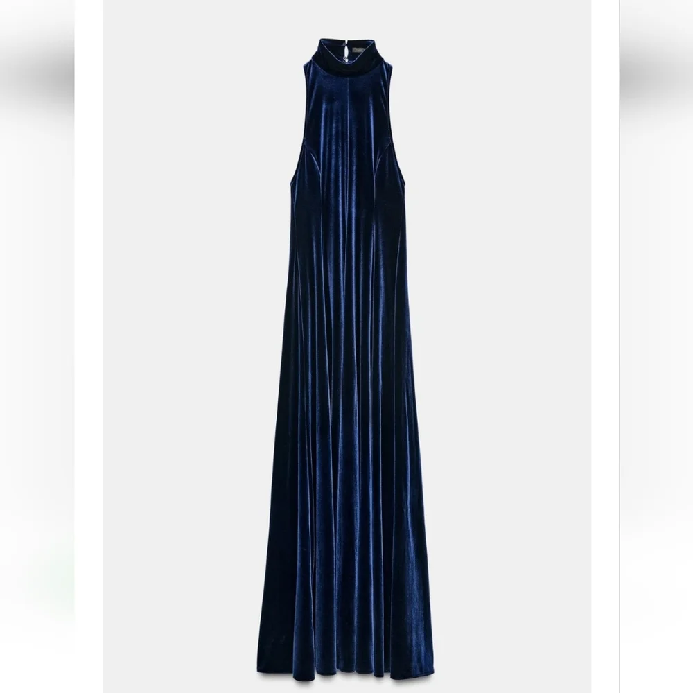 Zara VELVET LONG OPEN BACK DRESS NAVY SIZE XXL